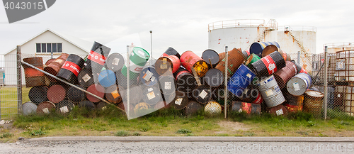 Image of AKRANES, ICELAND - AUGUST 1, 2016: Oil barrels or chemical drums