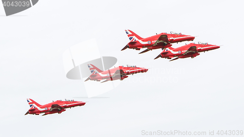 Image of LEEUWARDEN, THE NETHERLANDS - JUNE 10, 2016: RAF Red Arrows perf