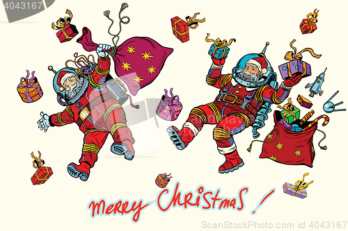 Image of Space Santa Claus in zero gravity with Christmas gifts