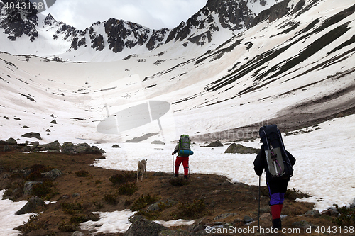 Image of Two hikers with dog at spring snow mountain in morning