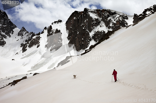 Image of Hiker with dog in snow mountain at spring morning