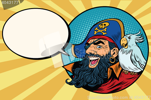 Image of happy pirate with a parrot, pop art comic bubble