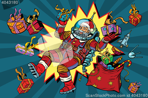 Image of Space Santa Claus in zero gravity with Christmas gifts