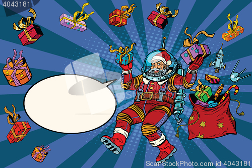 Image of Space Santa Claus in zero gravity with Christmas gifts