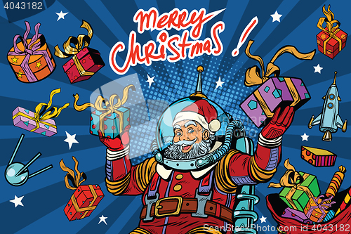 Image of Space Santa Claus in zero gravity with Christmas gifts