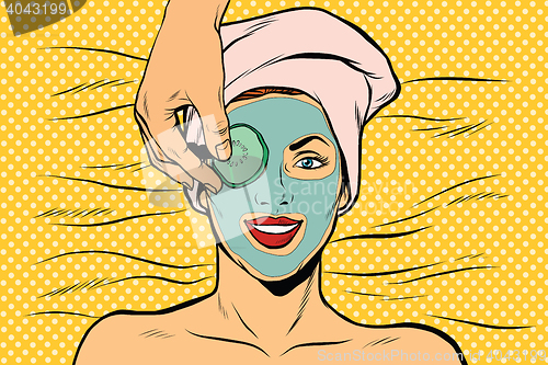 Image of Cucumber mask on woman face, skin beauty
