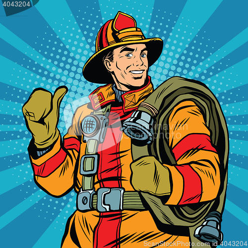 Image of Rescue firefighter in safe helmet and uniform pop art