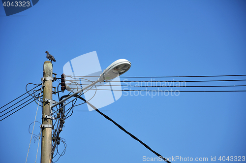 Image of Lamp post with many cables