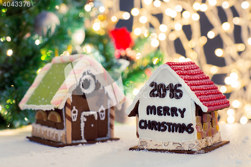 Image of closeup of beautiful gingerbread houses at home