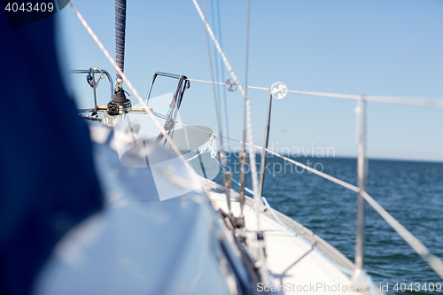 Image of close up of sailboat or sailing yacht deck in sea