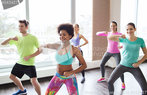 Image of group of smiling people dancing in gym or studio