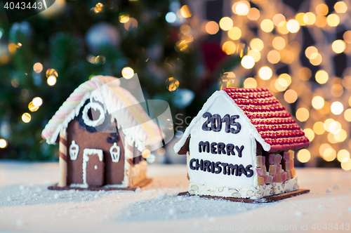 Image of closeup of beautiful gingerbread houses at home