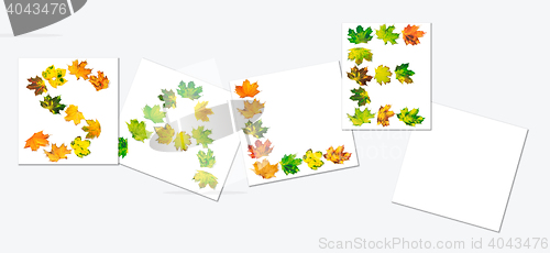 Image of Word SALE composed of autumn maple leafs on white sheets with sh