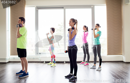 Image of group of smiling people exercising with dumbbells