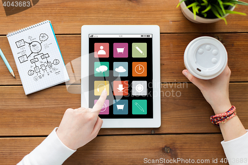 Image of close up of woman with tablet pc on wooden table