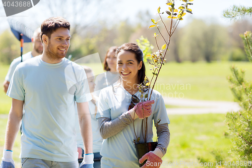 Image of group of volunteers with trees and rake in park