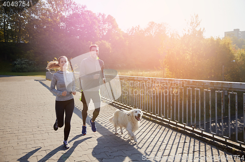 Image of happy couple with dog running outdoors