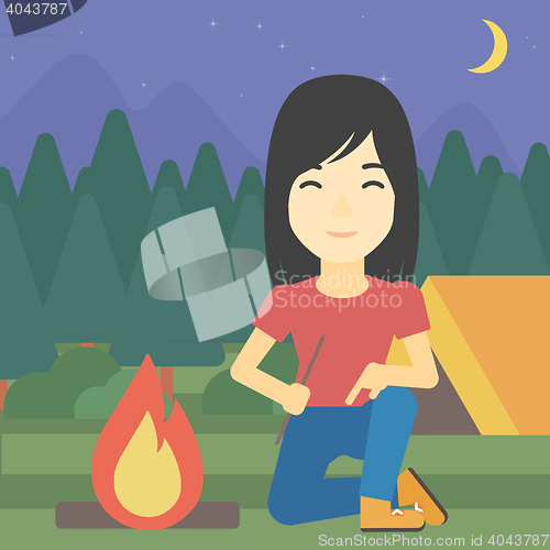 Image of Woman kindling campfire vector illustration.