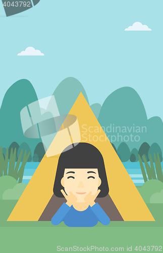 Image of Woman lying in camping tent vector illustration.