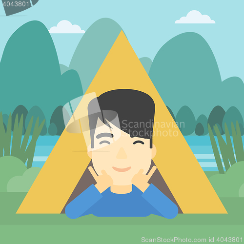 Image of Man lying in camping tent vector illustration.