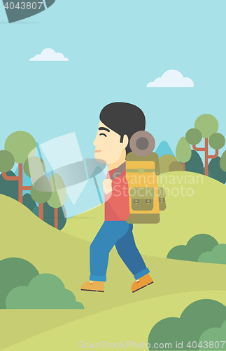 Image of Man with backpack hiking vector illustration.