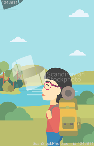 Image of Woman with backpack hiking vector illustration.