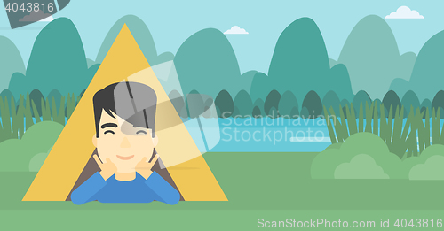 Image of Man lying in camping tent vector illustration.