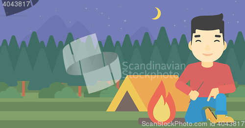 Image of Man kindling campfire vector illustration.