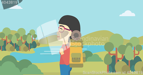 Image of Woman with backpack hiking vector illustration.