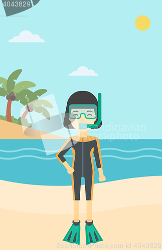 Image of Female scuba diver on beach vector illustration.