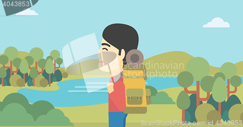 Image of Man with backpack hiking vector illustration.