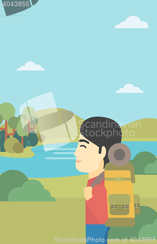 Image of Man with backpack hiking vector illustration.