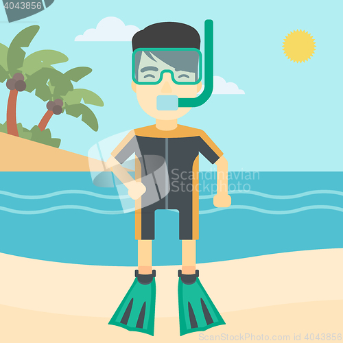 Image of Male scuba diver on the beach vector illustration.
