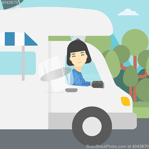 Image of Woman driving motor home vector illustration.