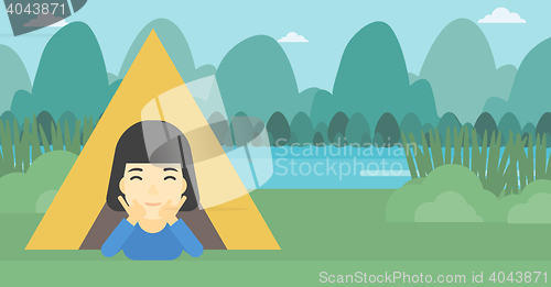 Image of Woman lying in camping tent vector illustration.