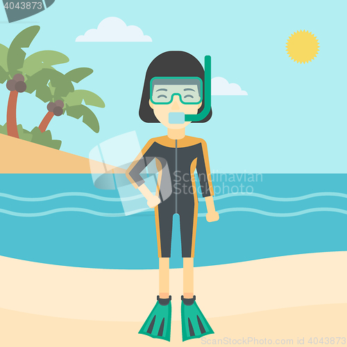 Image of Female scuba diver on beach vector illustration.