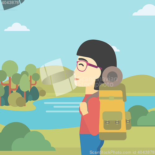 Image of Woman with backpack hiking vector illustration.