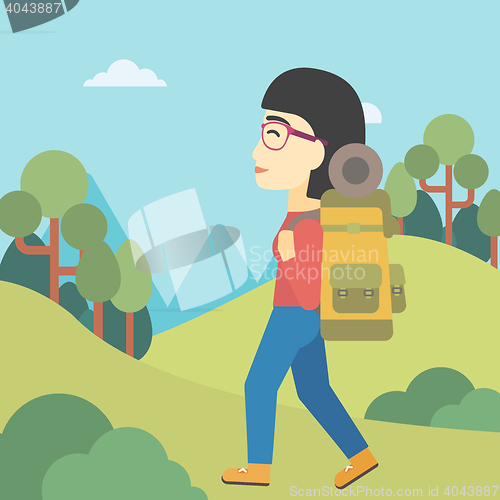 Image of Woman with backpack hiking vector illustration.