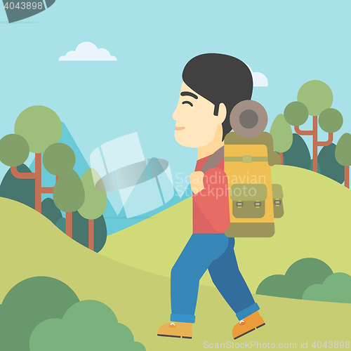 Image of Man with backpack hiking vector illustration.
