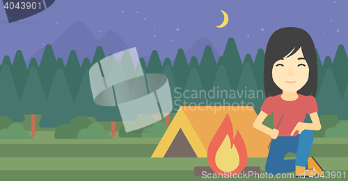 Image of Woman kindling campfire vector illustration.