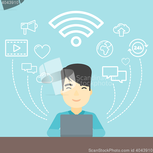 Image of Man working on laptop vector illustration.