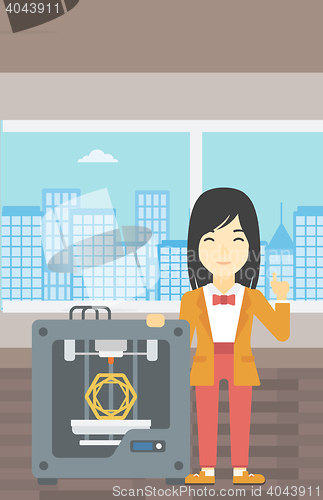 Image of Woman with three D printer vector illustration.