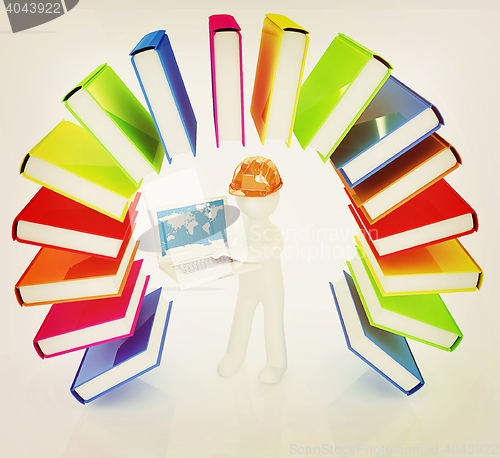 Image of Colorful books like the rainbow and 3d man in a hard hat with la
