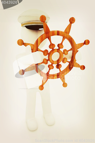 Image of Sailor with wood steering wheel and earth. Trip around the world