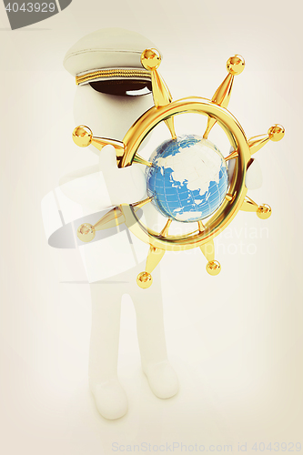 Image of Sailor with gold steering wheel and earth. Trip around the world