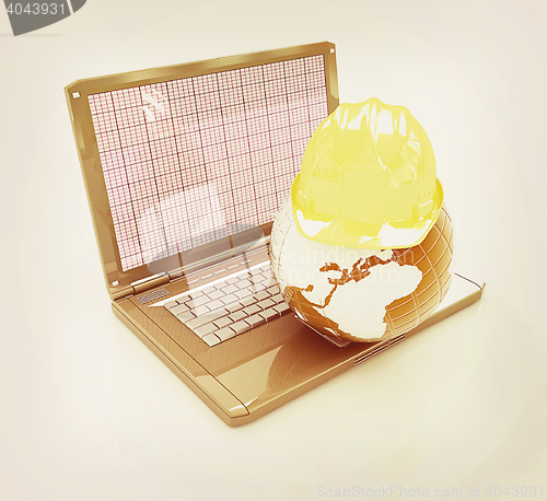 Image of Hard hat and earth on a laptop . 3D illustration. Vintage style.