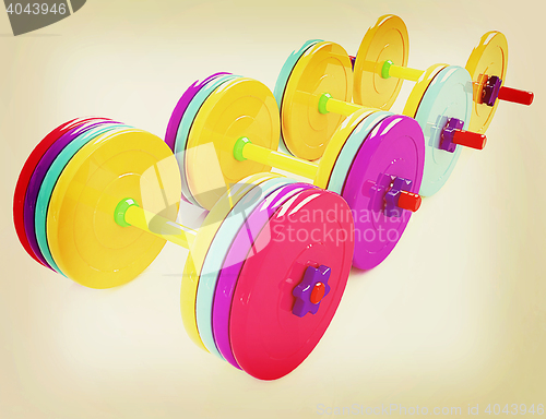 Image of Colorful dumbbells . 3D illustration. Vintage style.