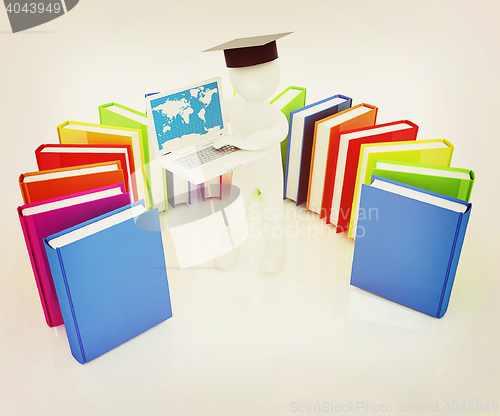 Image of 3d man in graduation hat working at his laptop and books . 3D il