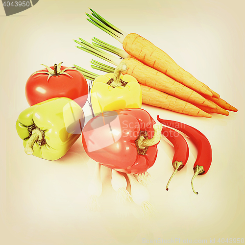 Image of fresh vegetables with green leaves. 3D illustration. Vintage sty