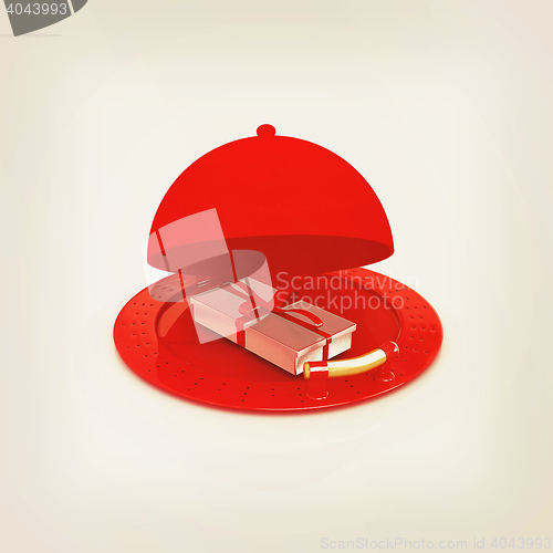 Image of Illustration of a luxury gift on restaurant cloche. 3D illustrat
